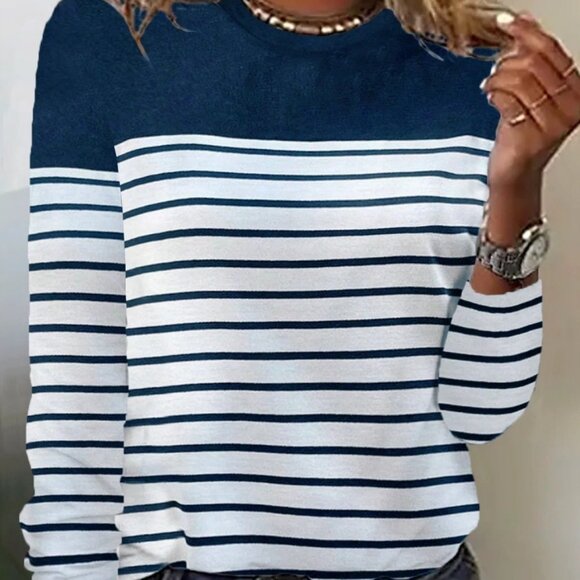 Casual Striped Crew Neck Long Sleeve Jersey Blouse - Picture 2 of 2